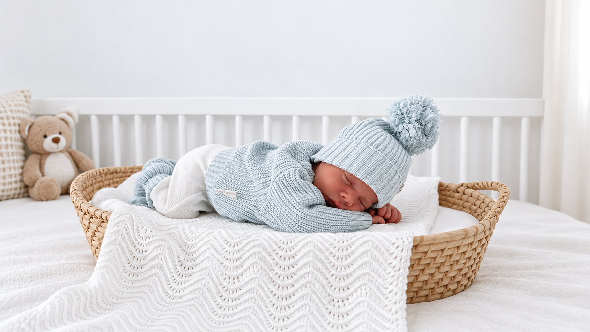 A baby sleeping and wearing Chunky Knit Jumper by 3 Little Crowns