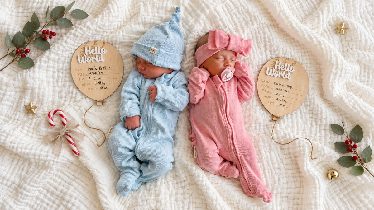 Newborn baby boy in blue and baby girl in pink with 3 Little Crowns Birth Announcement Bundles