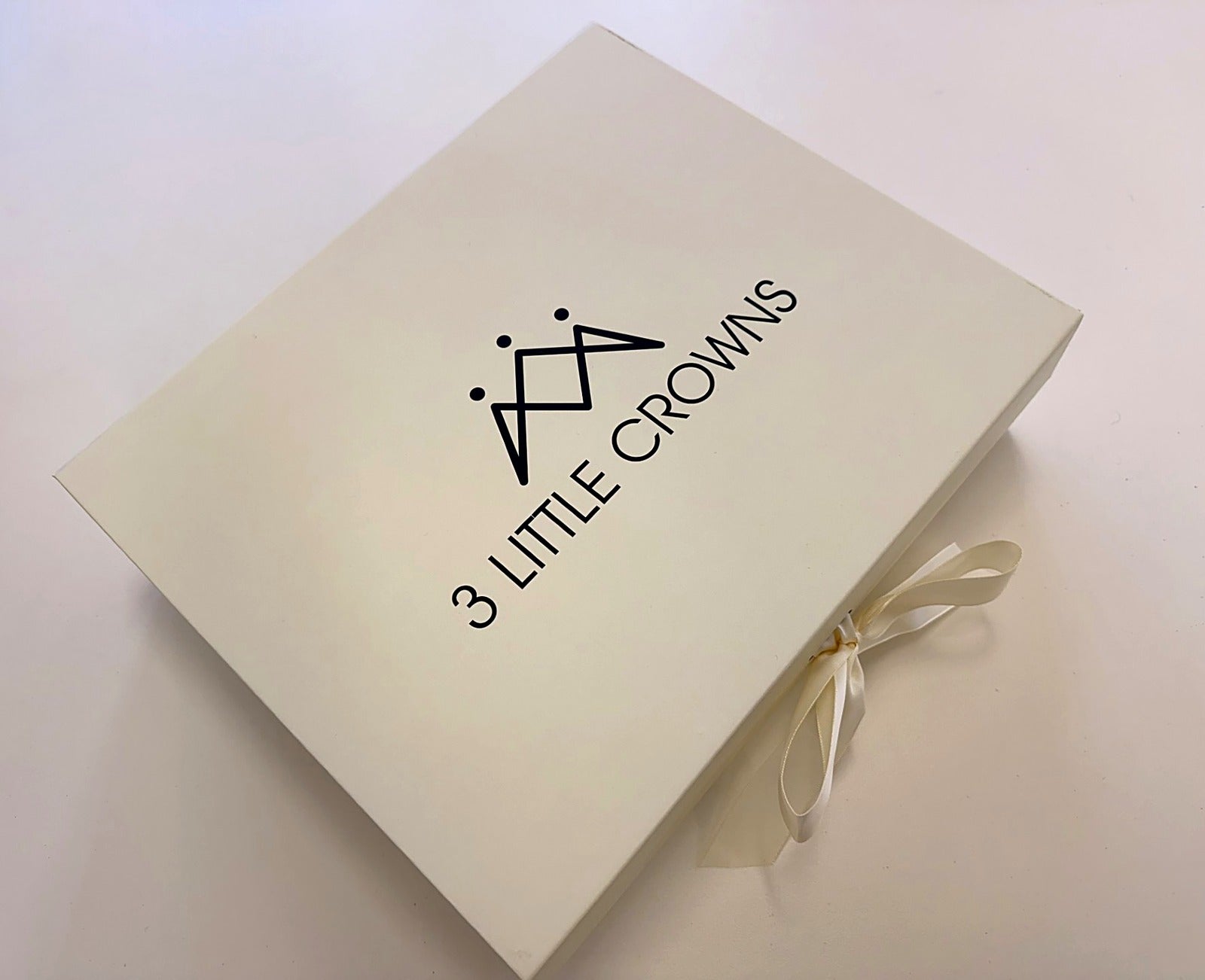3 Little Crowns gift box with ivory satin ribbon bow