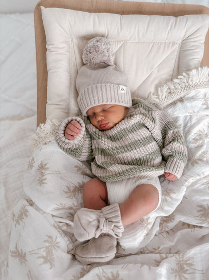 Chunky Knit Jumper - Muted Green &amp; Mushroom Stripes
